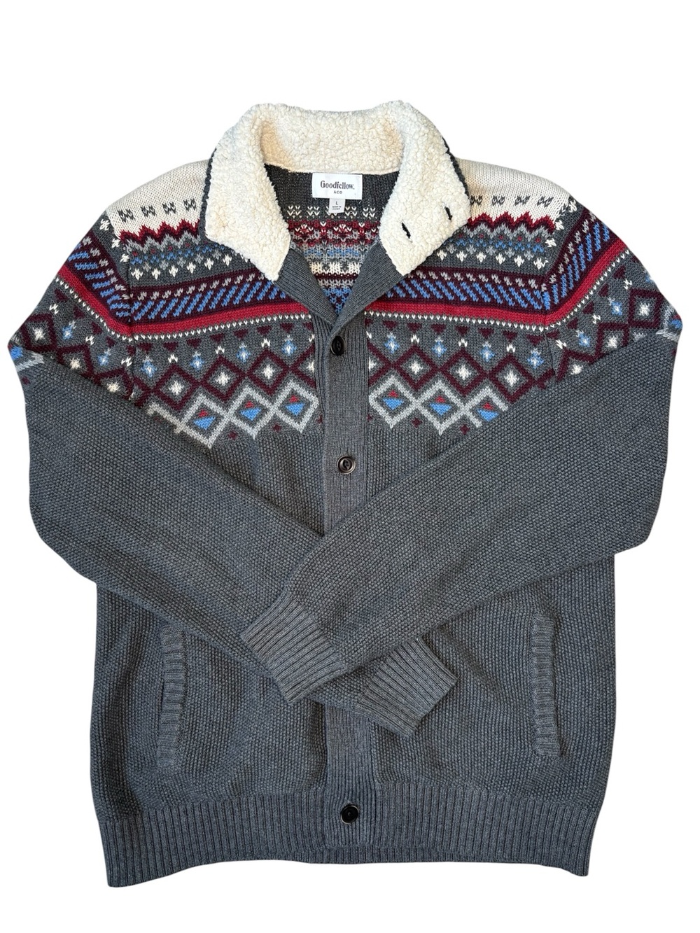 Goodfellow & Co Gray Fair Isle Sherpa-Collar Cardigan with Red Accents